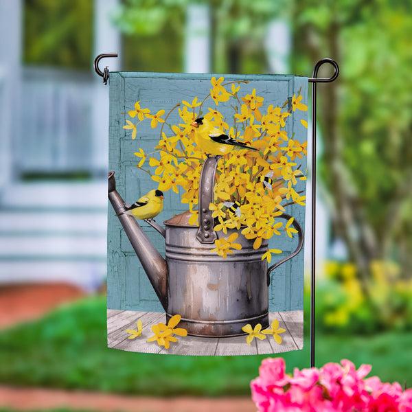 plow & hearth Forsythia Finch Watering Can Suede Garden Flag
