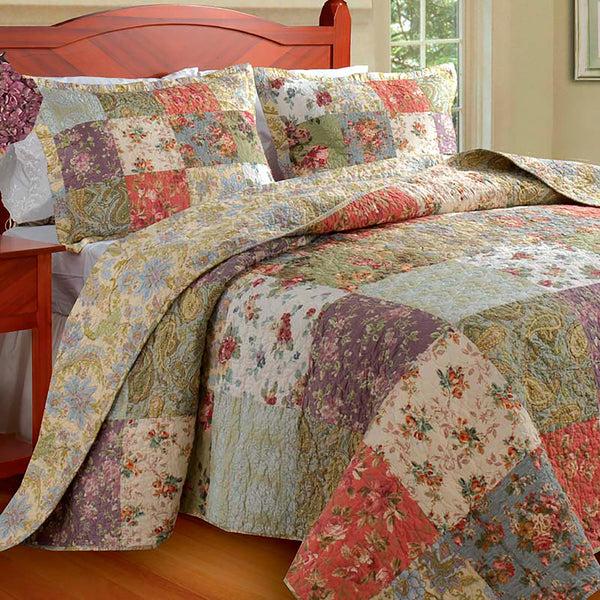plow & hearth Full 100% Cotton Wildflower Patchwork Block Reversible Bedspread And Shams