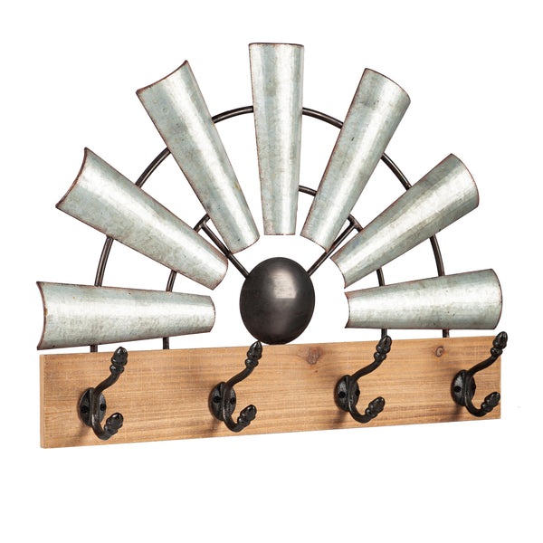 Plow & Hearth Galvanized Metal And Wood Windmill Hook Rack