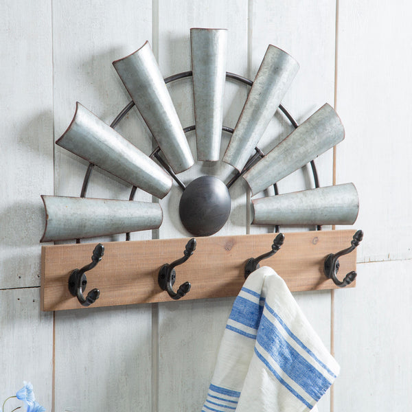 plow & hearth Galvanized Metal and Wood Windmill Hook Rack