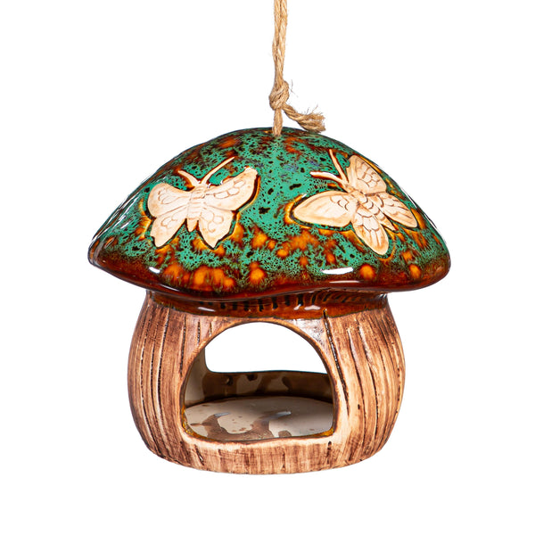 Plow & Hearth Garden Of Wonder Bird Feeder Ceramic Fantasy Green Mushroom