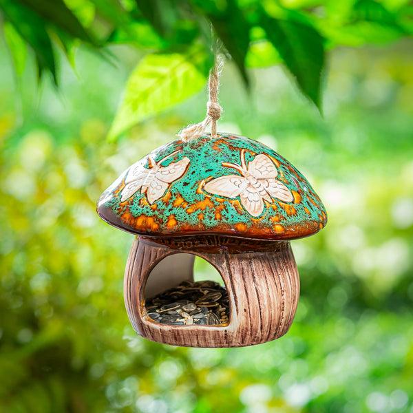 plow & hearth Garden of Wonder Bird Feeder Ceramic Fantasy Green Mushroom