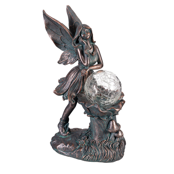 Plow & Hearth Garden Of Wonder Garden Statue LED Fairy With Orb Statue 12"H