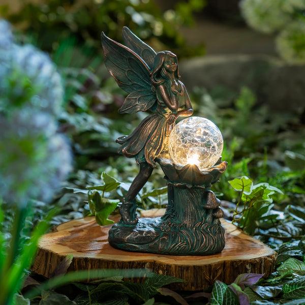 plow & hearth Garden Of Wonder Garden Statue LED Fairy With Orb Statue 12"H