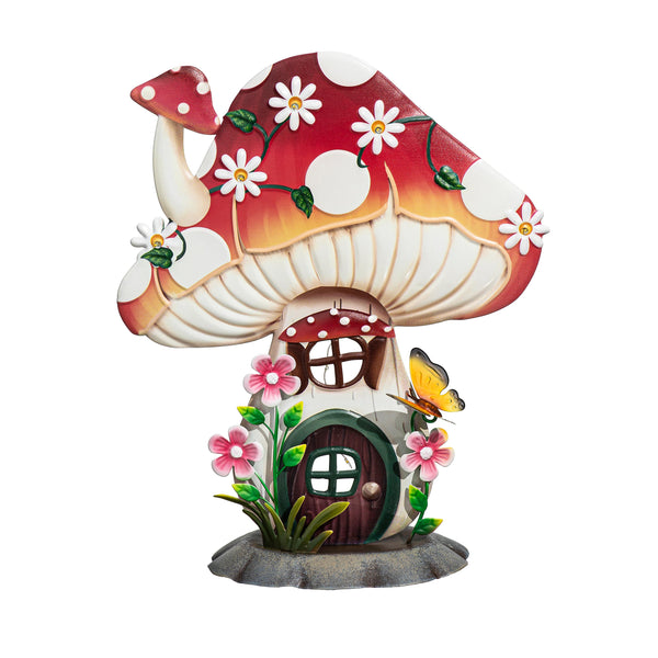 Plow & Hearth Garden Of Wonder Garden Statue LED Metal Floral Mushroom House 16"H
