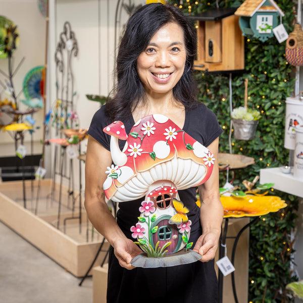 Plow & Hearth Garden Of Wonder Garden Statue LED Metal Floral Mushroom House 16"H