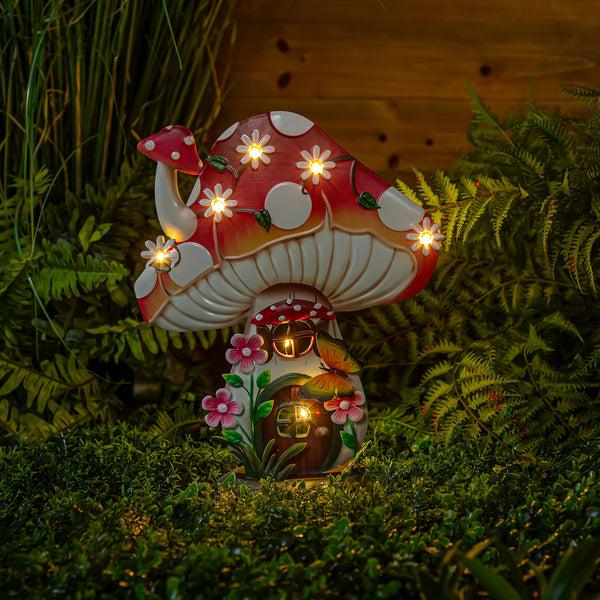 plow & hearth Garden of Wonder Garden Statue LED Metal Floral Mushroom House 16"H