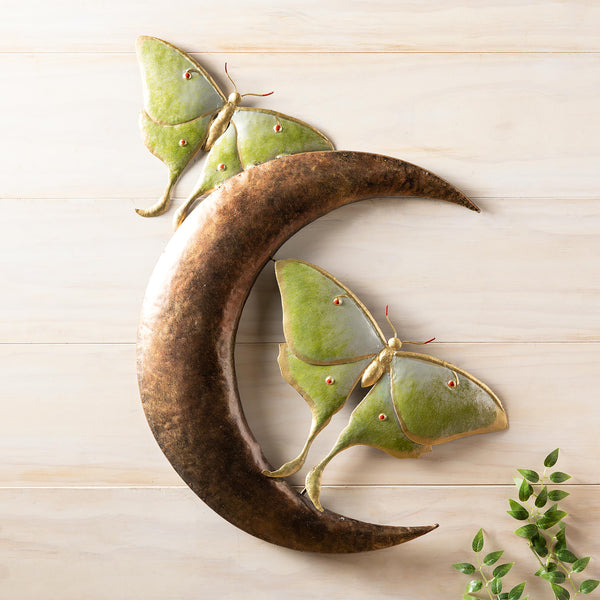 plow & hearth Garden of Wonder Indoor Wall Décor Metal Luna Moths & Crescent Moon