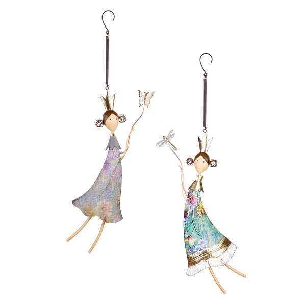 Plow & Hearth Garden Of Wonder Outdoor Hanging Décor Hand-Painted Metal Fairies With Bugs Set Of 2