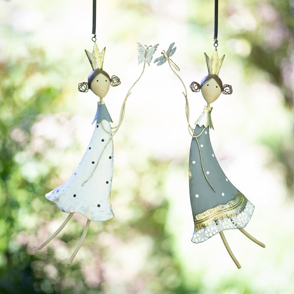 plow & hearth Garden of Wonder Outdoor Hanging Décor Hand-Painted Metal Fairies with Bugs Set of 2