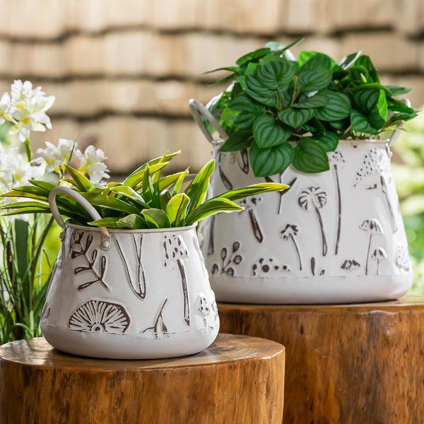 plow & hearth Garden of Wonder Planter Metal Planters with Handles Embossed Mushrooms Nested Set of 2
