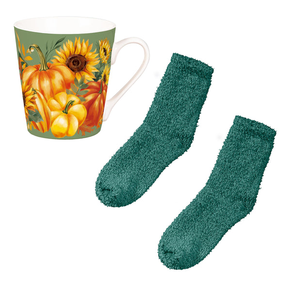 Plow & Hearth Grateful Gatherings Ceramic Flare Cup And Teal Socks Gift Set 12oz Gift Box
