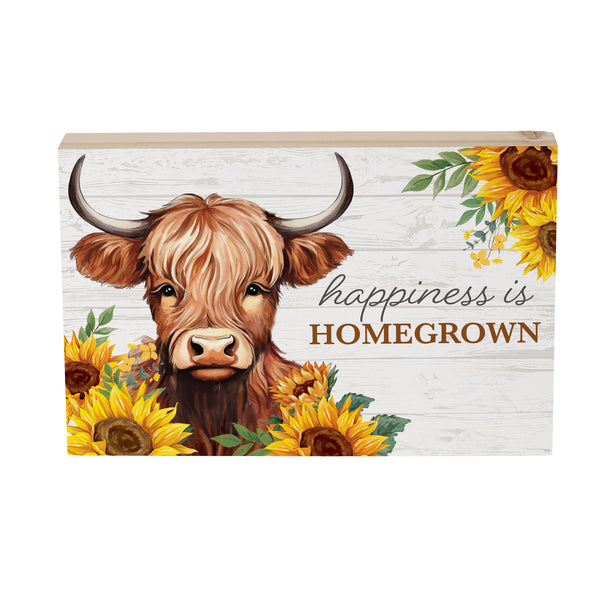 Plow & Hearth Grateful Gatherings Highland Cow And Sunflowers Wood Sign Plock "Happiness Is Homegrown" 12"x8"