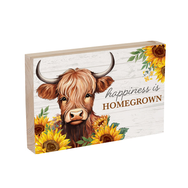 Plow & Hearth Grateful Gatherings Highland Cow And Sunflowers Wood Sign Plock "Happiness Is Homegrown" 12"x8"