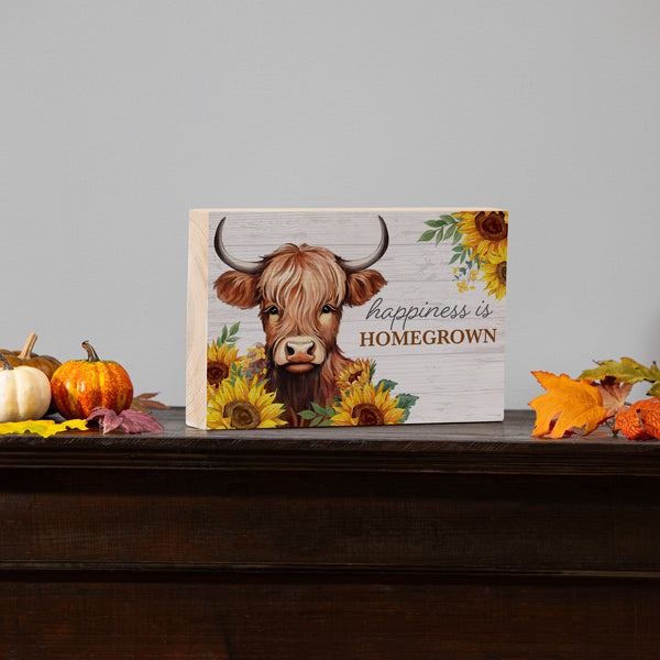 plow & hearth Grateful Gatherings Highland Cow and Sunflowers Wood Sign Plock "Happiness Is Homegrown" 12"x8"