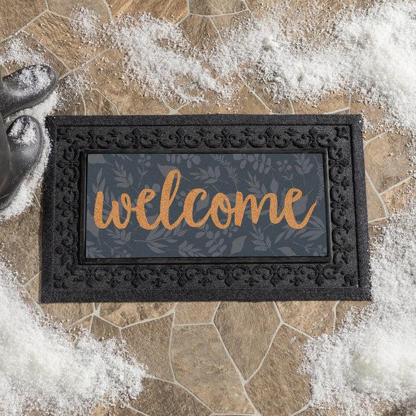 plow & hearth Grateful Gatherings Welcome Friends of Fall Flocked Coir Sassafras Switch Mat "Welcome" 22"x10"