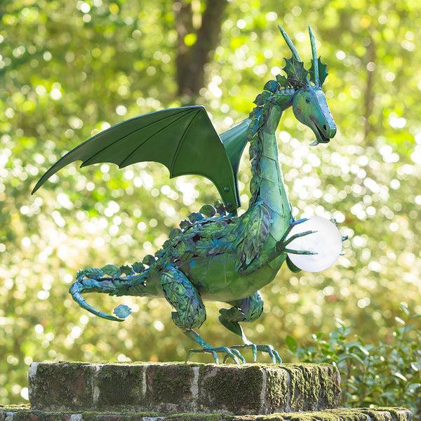 plow & hearth Green Metal Dragon Statue Holding Solar-Powered Pearl