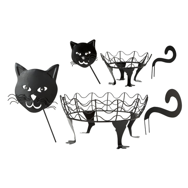 Plow & Hearth Halloween Cat Pumpkin Holders With Green LED Eyes Set Of 2