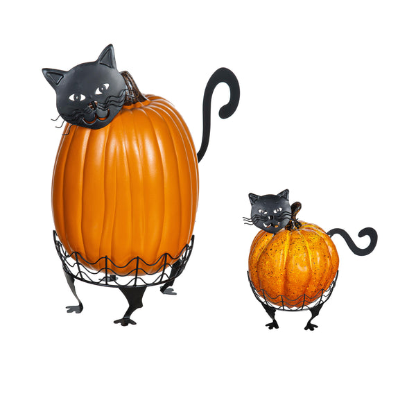 Plow & Hearth Halloween Cat Pumpkin Holders With Green LED Eyes Set Of 2