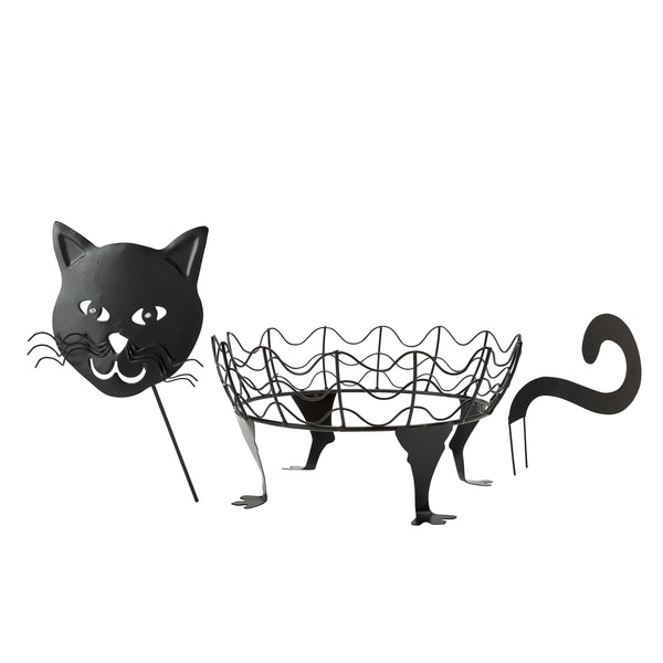 Plow & Hearth Halloween Cat Pumpkin Holders With Green LED Eyes Set Of 2