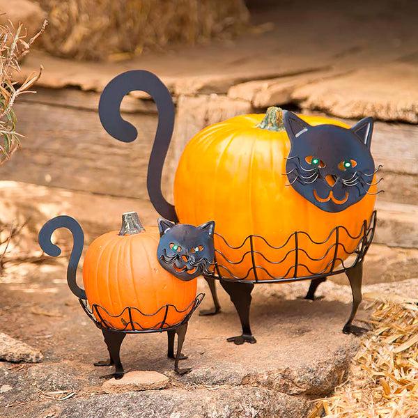 plow & hearth Halloween Cat Pumpkin Holders with Green LED Eyes Set of 2