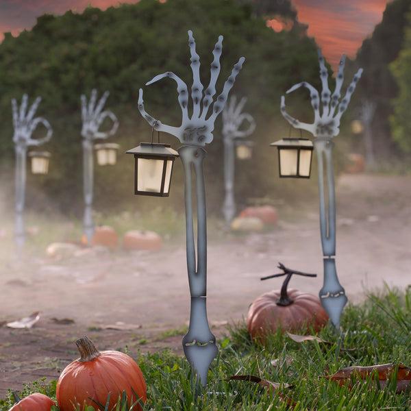 Plow & Hearth Halloween Skeleton Arm Metal Stakes With Solar Lanterns Set Of 2