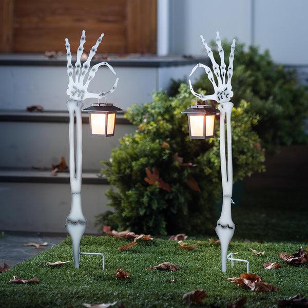 plow & hearth Halloween Skeleton Arm Metal Stakes with Solar Lanterns Set of 2