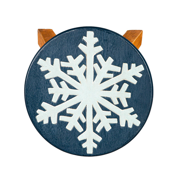 Plow & Hearth Hand-Carved Acacia Wood Glittery Snowflake Footstool