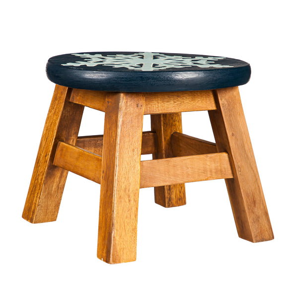 Plow & Hearth Hand-Carved Acacia Wood Glittery Snowflake Footstool