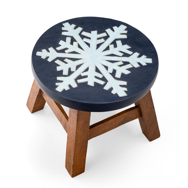 plow & hearth Hand-Carved Acacia Wood Glittery Snowflake Footstool