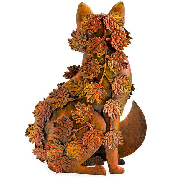 Plow & Hearth Handcrafted Metal Fox Sculpture Draped In Fall Leaves