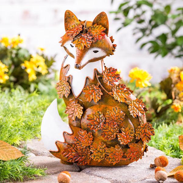 plow & hearth Handcrafted Metal Fox Sculpture Draped in Fall Leaves