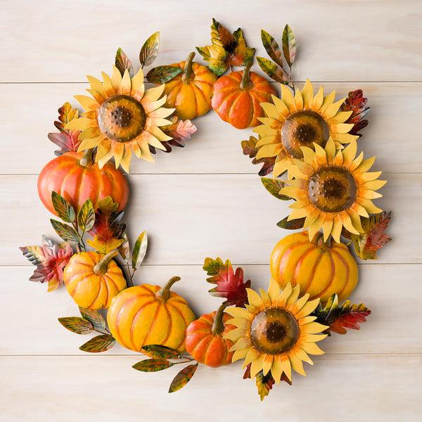 plow & hearth Handcrafted Metal Sunflower and Pumpkin Autumn Wreath
