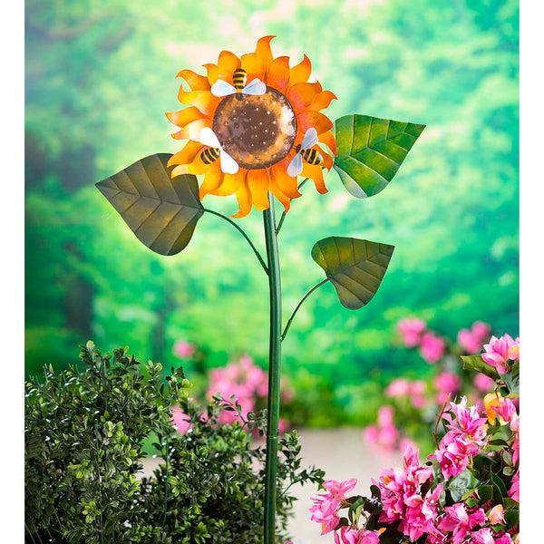 plow & hearth Handcrafted Metal Sunflower Garden Stake with Three Busy Bees