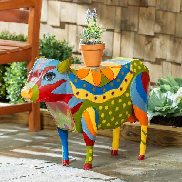 plow & hearth Handmade Colorful Painted Folk Art Cow Metal Side Table