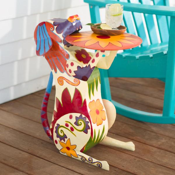 plow & hearth Handmade Colorful Painted Folk Art Metal Dog Side Table