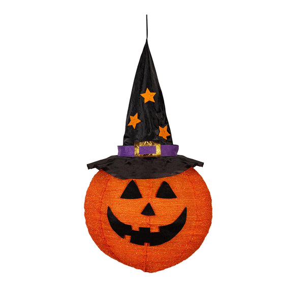 Plow & Hearth Hanging LED Fabric Witch Hat Jack O'Lantern Pumpkin