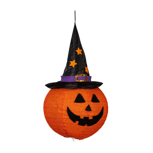 Plow & Hearth Hanging LED Fabric Witch Hat Jack O'Lantern Pumpkin