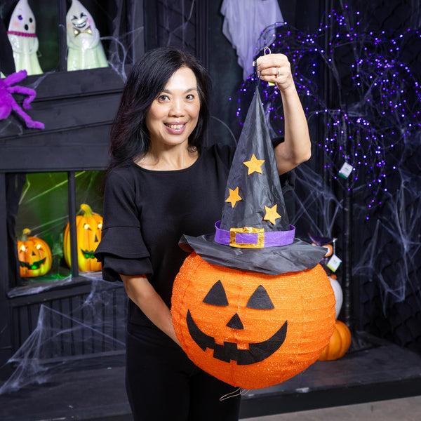 Plow & Hearth Hanging LED Fabric Witch Hat Jack O'Lantern Pumpkin
