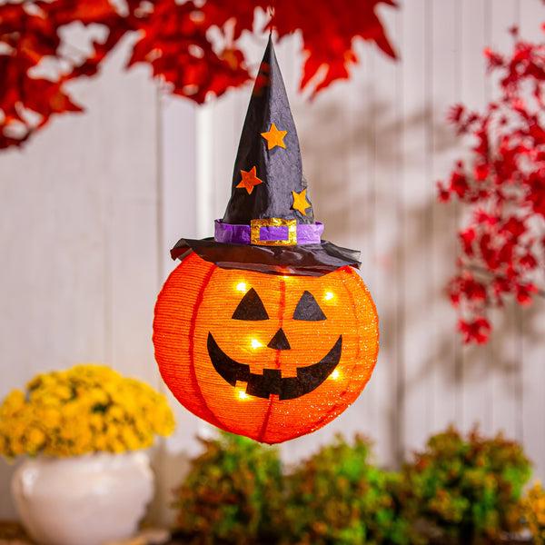 plow & hearth Hanging LED Fabric Witch Hat Jack O'Lantern Pumpkin