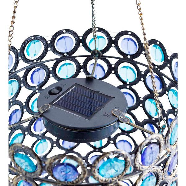 Plow & Hearth Hanging Metal Solar-Powered Lantern With Blue Acrylic Beads