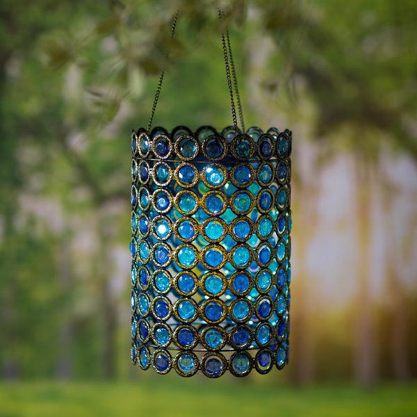 plow & hearth Hanging Metal Solar-Powered Lantern with Blue Acrylic Beads