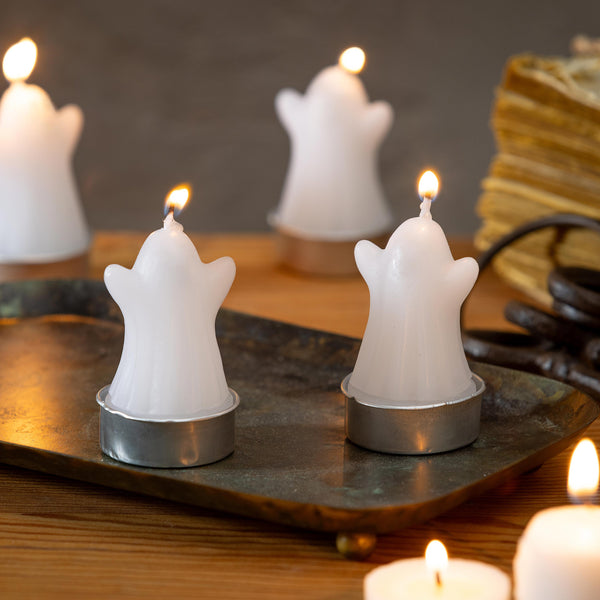 plow & hearth Happy Hauntings Ghost Tealight Wax Candle Set of 4