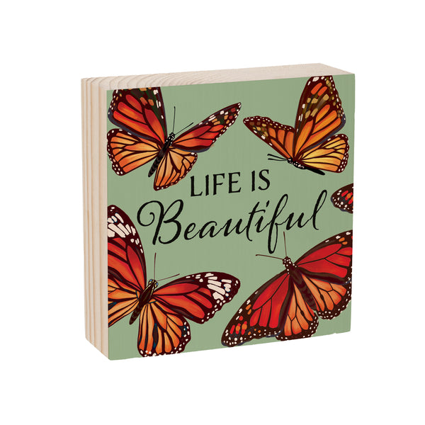 Plow & Hearth Harvest Blossom Butterfly Sign Wood Block "Life Is Beautiful" 6"x6"