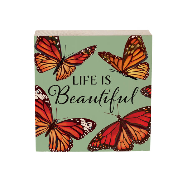 Plow & Hearth Harvest Blossom Butterfly Sign Wood Block "Life Is Beautiful" 6"x6"