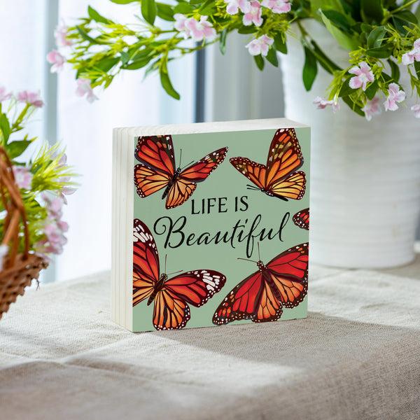 plow & hearth Harvest Blossom Butterfly Sign Wood Block "Life Is Beautiful" 6"x6"