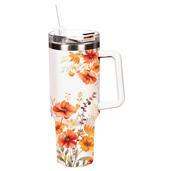 plow & hearth Harvest Blossom Florals Trenta Cup Double Wall Stainless Steel w/ Straw 30oz Gift Box