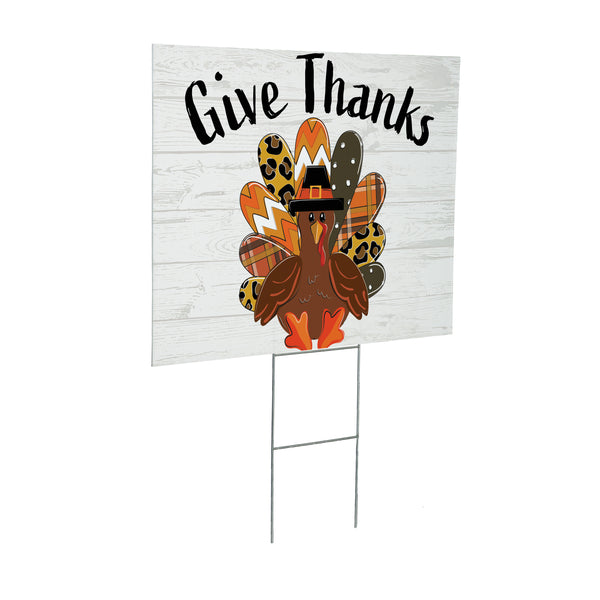 Plow & Hearth Harvest Blossom Give Thanks Patterned Turkey Yard Sign With H-Stake 24"x18"