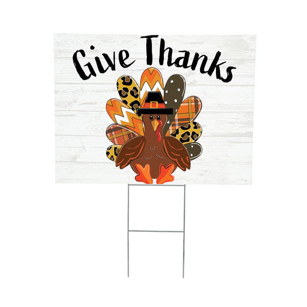 Plow & Hearth Harvest Blossom Give Thanks Patterned Turkey Yard Sign With H-Stake 24"x18"