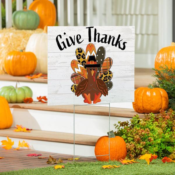 plow & hearth Harvest Blossom Give Thanks Patterned Turkey Yard Sign with H-Stake 24"x18"